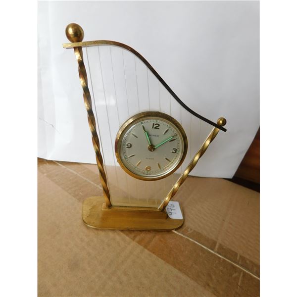 LINDEN HARP SHAPED LUCITE AND BRASS ALARM CLOCK SCARCE