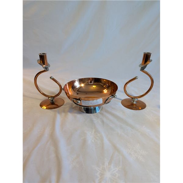 Mid Century Consol 3 Piece Set 1950's Flemish Copper Bros. 8 inch Bowl, Candlesticks 8 1/2 inches Ta