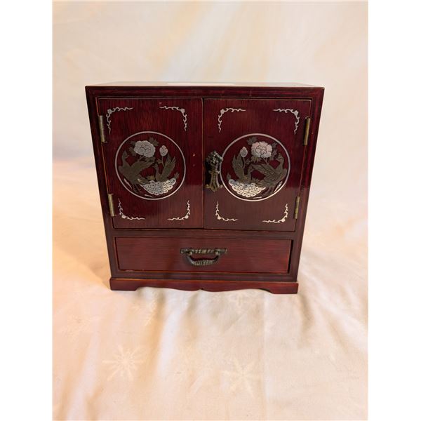 1970's Korean Lacquer 2 Door Multi Drawer Jewelry Box W/ Brass and Silver Inlay 9x9x4 1/2 Inches.