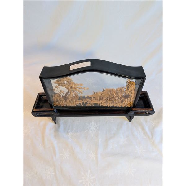 Diorama Cork Chinese Pagoda,Trees and Birds in Glass Box on Stand. 20 Inches x 12 inches.