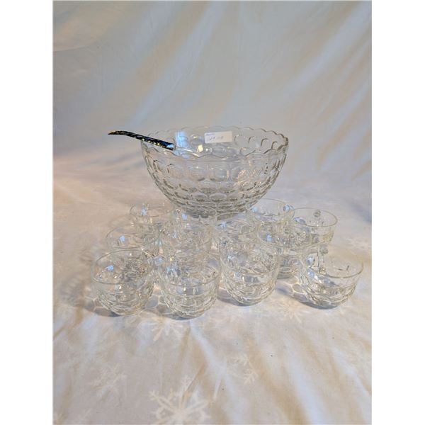 Heavy Pressed Glass Punch Bowl W/ Glasses and Ladle 12inches Dia. x 7 inches Tall.