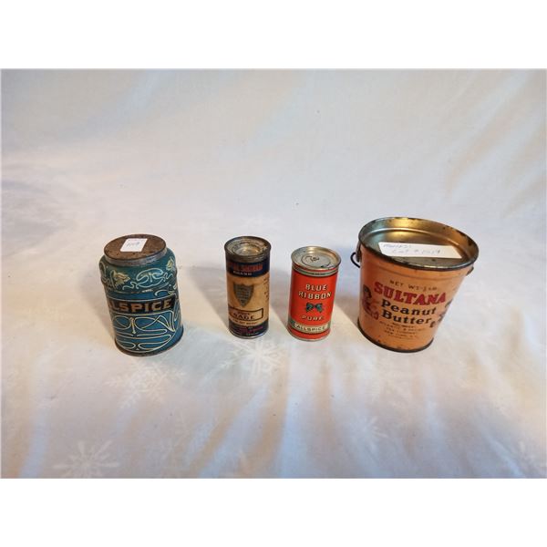 4 Antique Spice Cans and 1 Peanut Butter Can.