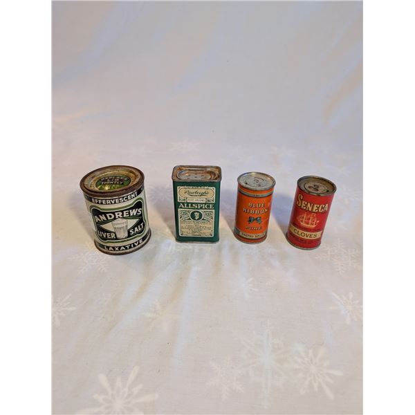 4 Antique Spice Cans and 1 Liver Salt Laxative Can.