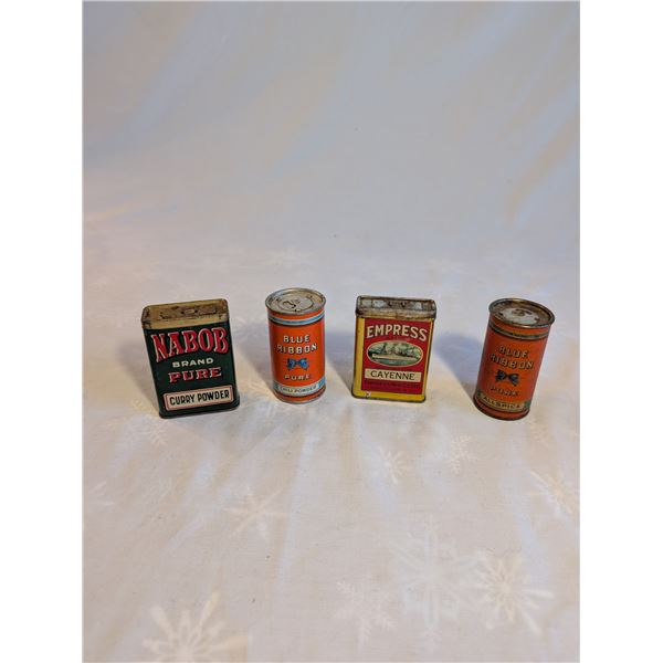 Nabob Curry Powder, Blue Ribbon Chile Powder, Express Cayenne, Blue Ribbon Allspice Cans.