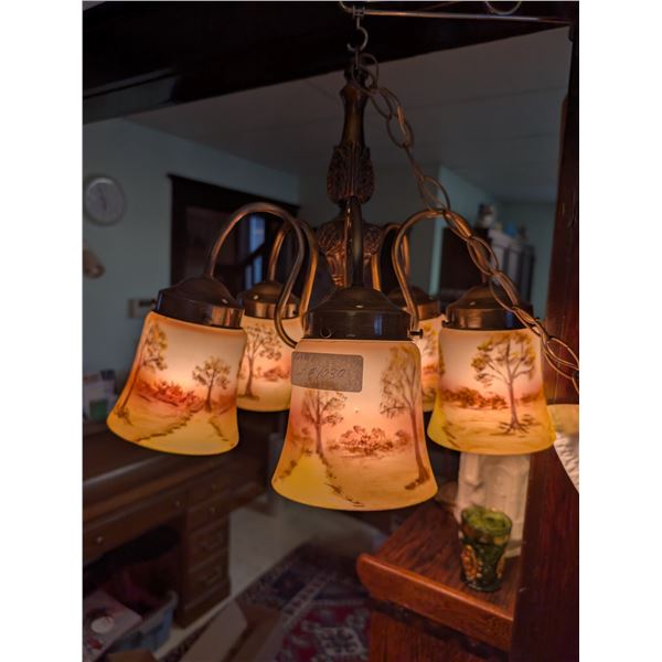 Brass Light Fixture 5 Shades Chandelier. Reverse Painted Shades 1970's
