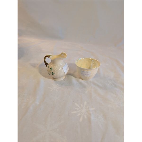 Belleek Creamer And Teacup. " Green Mark "