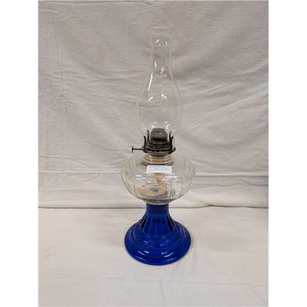 Petal Pattern Coal Oil Lamp With Cobalt Blue Flowered Base. With Crimped Chimney.