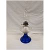 Image 1 : Petal Pattern Coal Oil Lamp With Cobalt Blue Flowered Base. With Crimped Chimney.