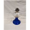 Image 4 : Petal Pattern Coal Oil Lamp With Cobalt Blue Flowered Base. With Crimped Chimney.