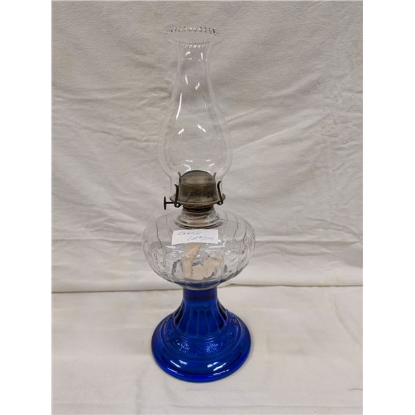 Petal Pattern Coal Oil Lamp With Cobalt Blue Flowered Base. With Crimped Chimney.