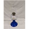 Image 1 : Petal Pattern Coal Oil Lamp With Cobalt Blue Flowered Base. With Crimped Chimney.