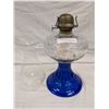 Image 3 : Petal Pattern Coal Oil Lamp With Cobalt Blue Flowered Base. With Crimped Chimney.