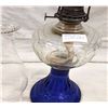 Image 7 : Petal Pattern Coal Oil Lamp With Cobalt Blue Flowered Base. With Crimped Chimney.