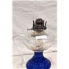 Image 8 : Petal Pattern Coal Oil Lamp With Cobalt Blue Flowered Base. With Crimped Chimney.