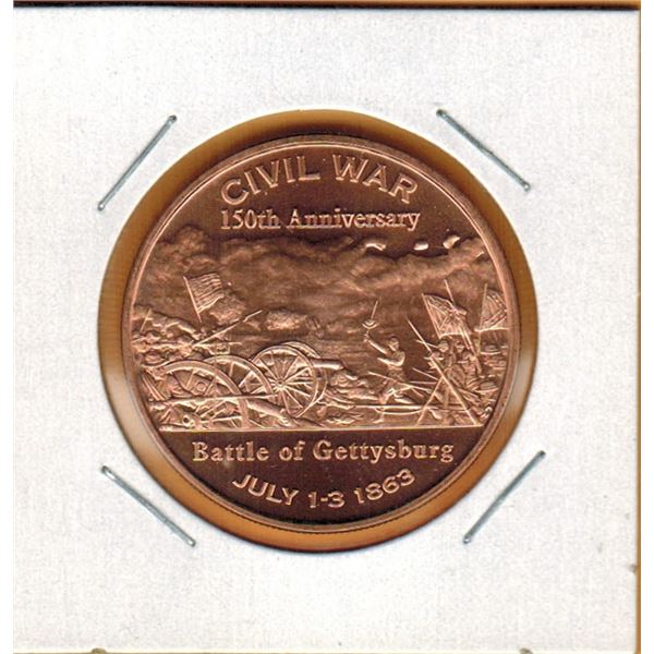 1 OUNCE COPPER -  .999 FINE - CIVIL WAR - BATTLE of GETTYSBURG - 150th ANNIVERSARY