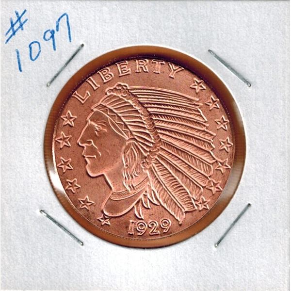 1 OUNCE COPPER -  .999 FINE - 1929 US INDIAN HEAD COIN DESIGN