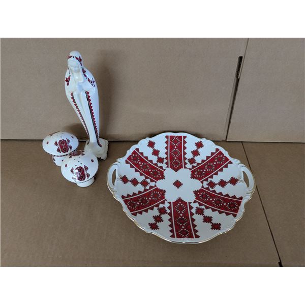 Glass Ukrainian design dish, mushroom shaped salt and pepper shakers and statue of Virgin Mary. Exce