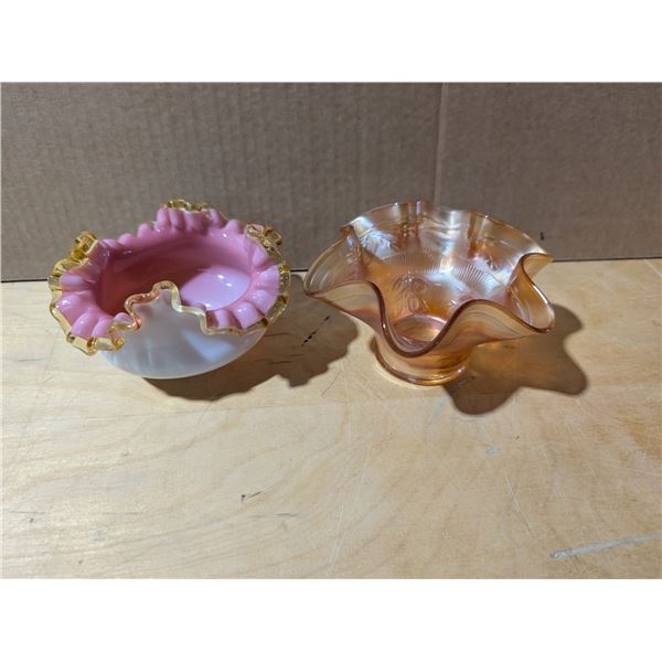 Old pink dish and a carnival glass dish. Both excellent condition.
