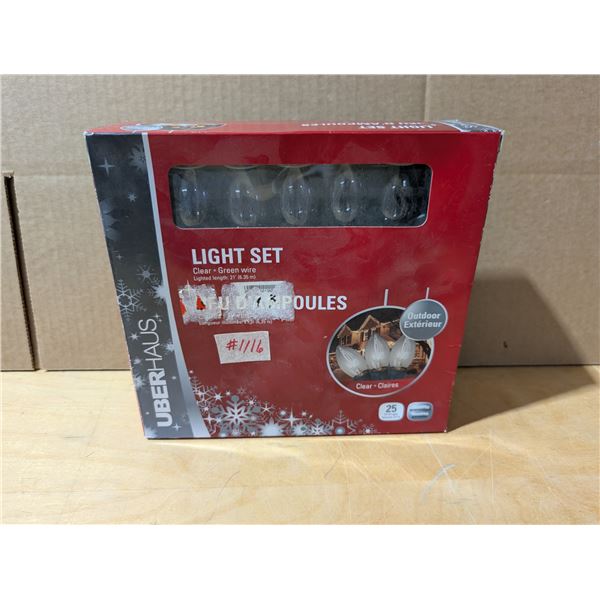 Clear Christmas lights, 25 bulbs, never used, 6.35 m. Excellent condition.