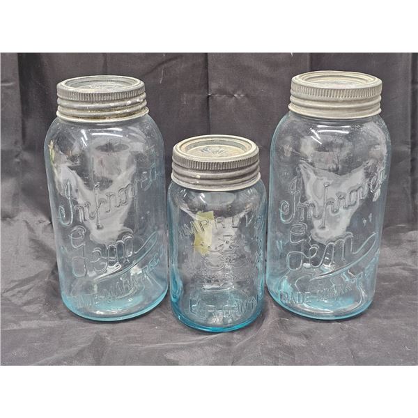 (2) 2qt Impoved Gem Jars, (1) 1qt Improved Crown Jar - Green/Blue Tint