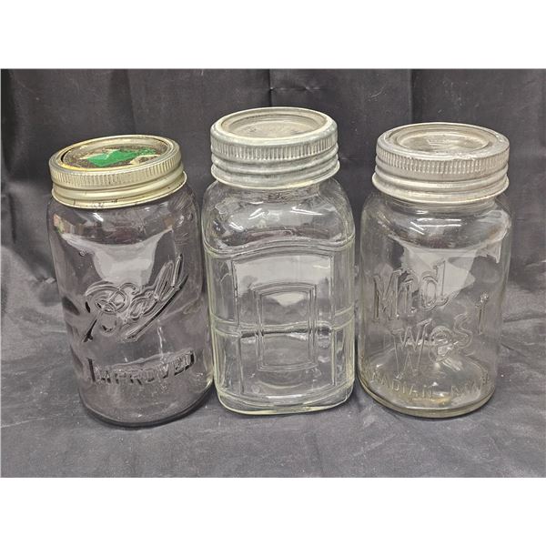 (3) 1qt Glass Jars inc. Bali (Purple Tint), Midwest (Slight Brown Tint?) etc.