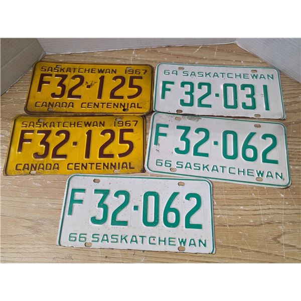 5- Sask license plates- 1964, 1966, 1967