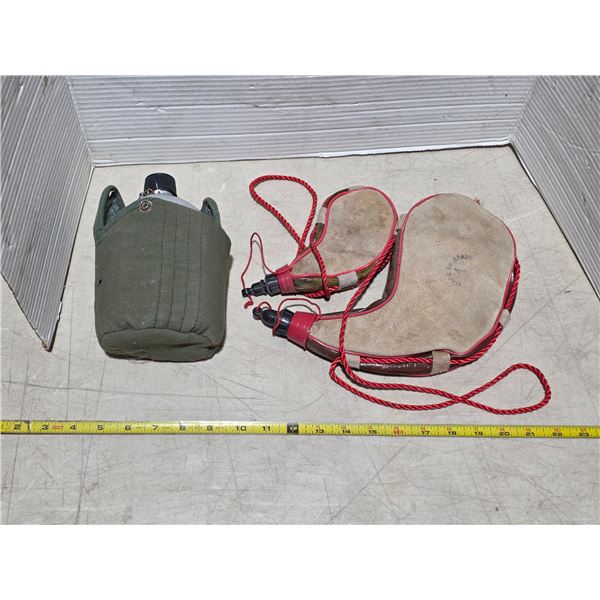 2 water skins and 1 metal canteen with pouch