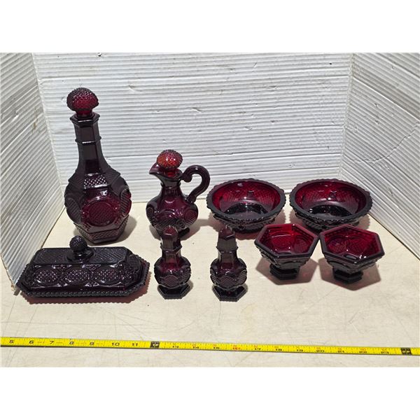 Red Avon glassware- salt and pepper, butter dish