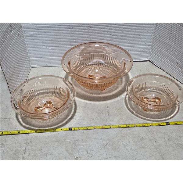 3 pink depression glass bowls