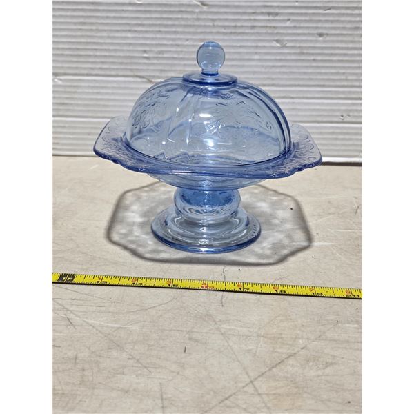 Light blue glass pedestal candy dish