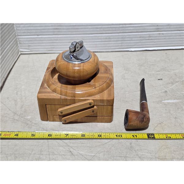 Wood ashtray, lighter and pipe