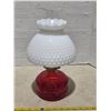 Image 1 : Red glass base oil lamp with chimney and shade
