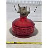 Image 2 : Red glass base oil lamp with chimney and shade