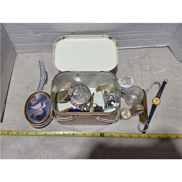Enamel container with misc. items- watches