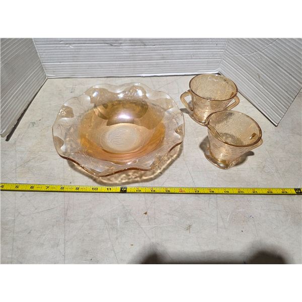 Marigold pattern cream and sugar and iris and herringbone bowl- depression glass