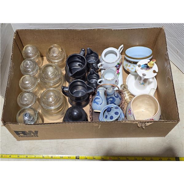 Lot of misc. glassware- insulators, salt and pepper shakers