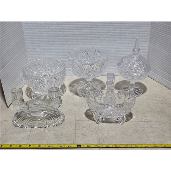 5 crystal items- candy dish, candle holder and dishes