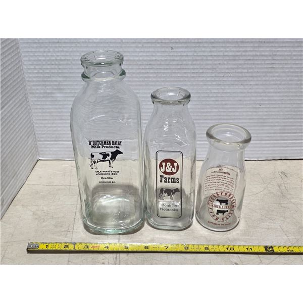 3 glass milk bottles- J and J, Dutchman dairy, Ronny brook