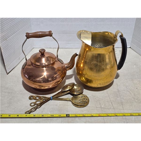 Decorative tea pot with pitcher and brass cutlery