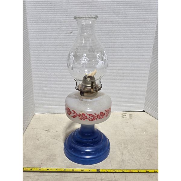 Vintage flower pattern coal oil lamp- blue base with chimney