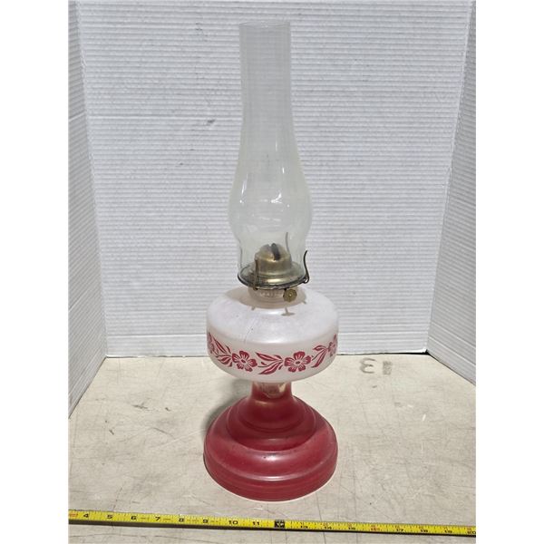 Vintage flower pattern coal oil lamp- red base with chimney