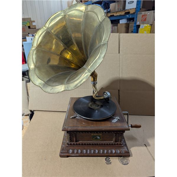 Vintage REPRODUCTION Gramophone w/ Record, Sound Horn, extra Parts, and Original Paper. (WORKS)
