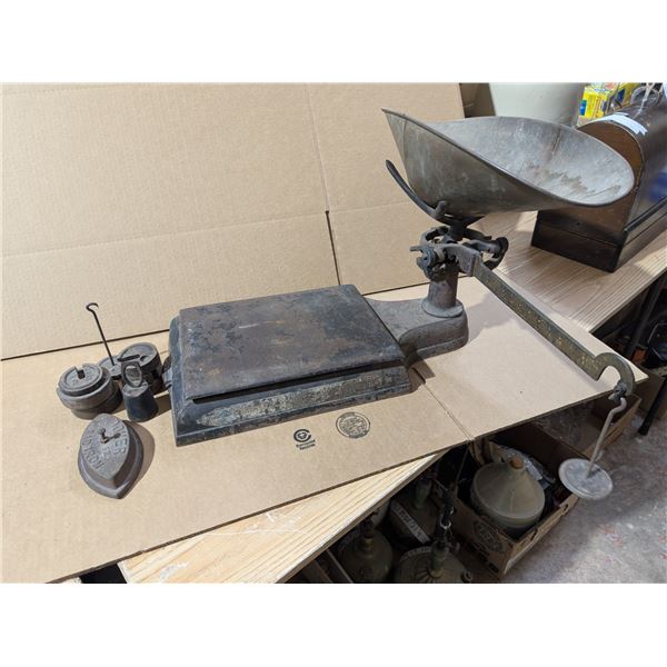 Vintage Scale w/ Misc. Vintage Scale weights, sad iron, and etc. as Shown