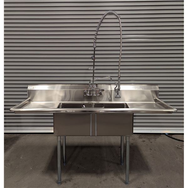 72" x 24" Two Tub Two Drain Boards Sink with Pre-Rinse | 25252