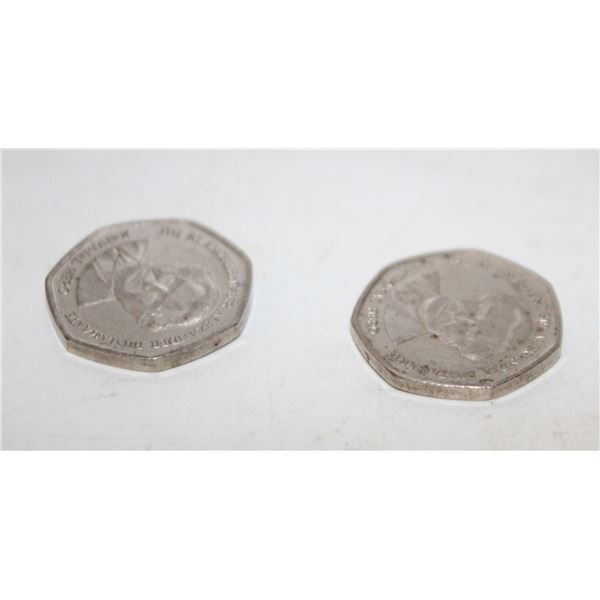 2X 1996 JAMAICA $1 COINS NICKEL PLATED 7 SIDED