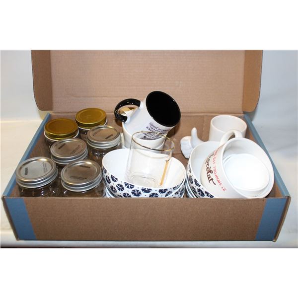 LOT OF CUPS, BOWLS AND CANNING JARS