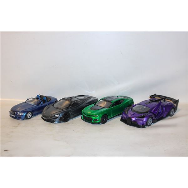 4 CARS, GREEN CAR IS MISSING SIDE MIRRORS