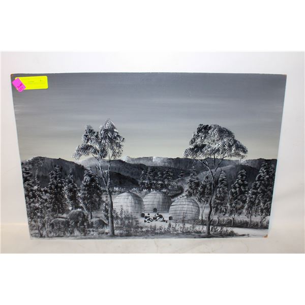 1971 OIL ON BOARD VILLAGE SCENE PICTURE