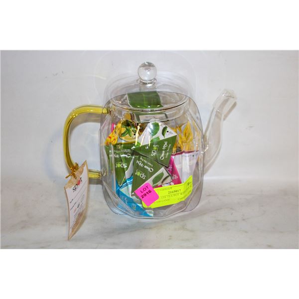NEW GLASS TEA POT WITH QTY 16 NEW ORGANIC