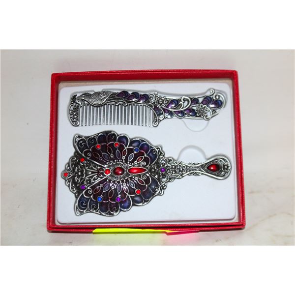 NEW MAKEUP MIRROR AND COMB SET METAL
